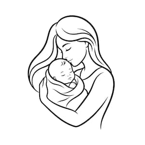 May include: A black and white line art illustration depicting a person with long flowing hair gently cradling and kissing a newborn baby wrapped in a soft blanket. The drawing features clean, bold outlines on a plain white background.