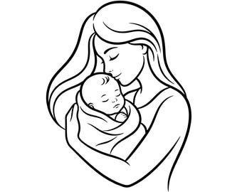 Mother and Baby SVG, Mom Holding Newborn Line Art, Nursery Design