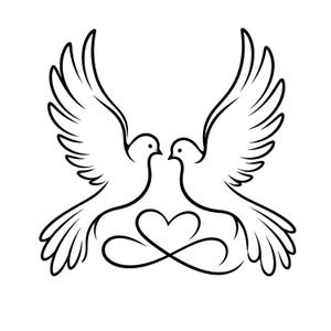 Puede incluir: Un dibujo lineal en blanco y negro de dos palomas enfrentadas, con las alas extendidas. Un corazón y un símbolo de infinito están entre las palomas. La imagen es un diseño simple y elegante.