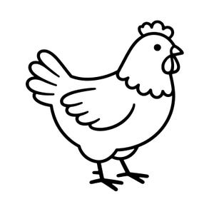 Puede incluir: Dibujo lineal en blanco y negro de una gallina. La gallina está de perfil, mirando hacia la derecha, con un contorno detallado. Incluye cresta, barbilla, alas y patas, todo en un estilo sencillo y de dibujos animados.