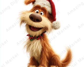 May include: A cartoon dog with brown and tan fur, wearing a Santa hat and a festive collar. The dog is smiling with its mouth open, showcasing its teeth. The image has a white background and is a digital illustration.