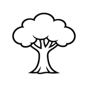 May include: A black and white illustration of a tree. The tree features a thick, dark trunk and branches supporting a full, rounded crown of leaves. The outline is bold and simple, suitable for various applications.