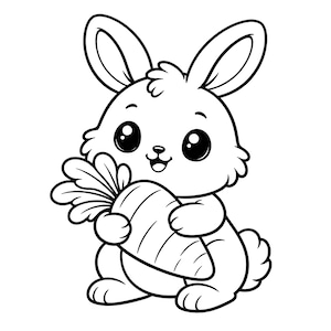Puede incluir: Ilustración en blanco y negro de un lindo conejo de dibujos animados sosteniendo una gran zanahoria. El conejo tiene ojos grandes, pelaje esponjoso y orejas largas. La zanahoria tiene líneas detalladas y hojas verdes.