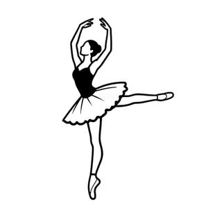 May include: A monochrome illustration of a ballerina in a ballet pose. The ballerina is wearing a black leotard and a white tutu. Her arms are raised, and one leg is extended. A classic ballet image.