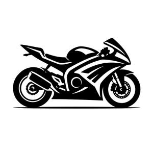 Könnte beinhalten: Eine schwarz-weiße grafische Illustration eines Sportmotorrads im Profil. Das Design zeigt eine schlanke Verkleidung, einen markanten Kraftstofftank, ein hinteres Auspuffrohr und detaillierte Räder mit sichtbaren Bremsscheiben in hohem Kontrast.