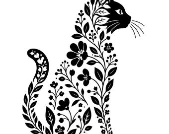 Floral Cat SVG, Botanical Silhouette, Wildflower Cut File, Cricut Laser Design