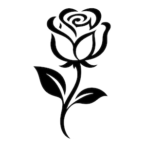 Puede incluir: Gráfico en blanco y negro de una rosa. La rosa está en plena floración, con pétalos y hojas detallados. El tallo se curva con gracia, y las hojas están bien definidas. El diseño es simple pero elegante, adecuado para diversas aplicaciones.
