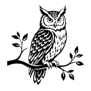 Puede incluir: Una ilustración gráfica en blanco y negro de alto contraste de un búho cornudo posado en una rama de árbol. El búho se muestra de perfil con patrones de plumas detallados, garras afiladas y mechones de orejas puntiagudos.