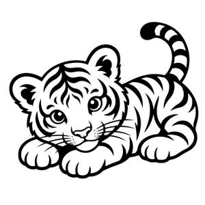 Puede incluir: Una ilustración de arte lineal en blanco y negro de un cachorro de tigre acostado. El cachorro tiene ojos grandes, orejas redondeadas y una cola rayada curvada hacia arriba. El diseño presenta contornos negros sobre un fondo blanco.
