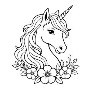 Pode incluir: Uma ilustração de arte linear em preto e branco de uma cabeça de unicórnio de perfil, com um chifre em espiral, uma crina fluida e cílios longos. O unicórnio é emoldurado na base por três flores detalhadas com folhas e caules finos.