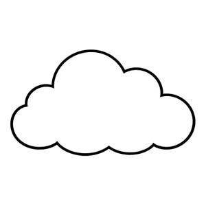 May include: A simple, black and white illustration of a cloud. The cloud is outlined in black, with a white fill. The cloud has a rounded, puffy shape, typical of a cumulus cloud.