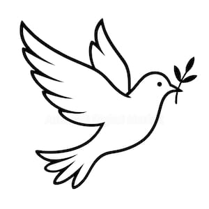 May include: A black and white line drawing of a dove in flight, carrying an olive branch in its beak. The dove has outstretched wings and a simple, elegant design, symbolizing peace and hope.