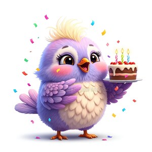 Paquete de 14 imágenes PNG de pájaros de feliz cumpleaños, imágenes prediseñadas de pájaros de dibujos animados para celebrar, fondo transparente, uso comercial