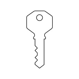 Può includere: Un disegno a linee in bianco e nero di una chiave standard. La chiave presenta una testa esagonale con un foro circolare al centro e una lama con tre distinti denti seghettati lungo un lato, che termina con una punta su sfondo bianco.