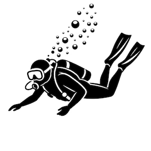Peut inclure: Une silhouette graphique noire représentant un plongeur sous-marin nageant à l'horizontale. Le plongeur porte un masque, un détendeur et une bouteille sur le dos, avec de longues palmes aux pieds. Une traînée de bulles circulaires monte.