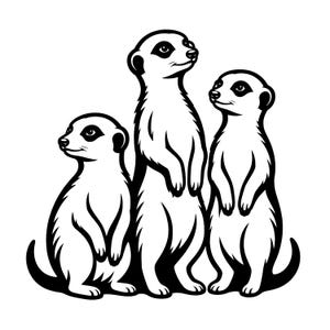 Pode incluir: Ilustração a preto e branco de três suricatas. Duas suricatas estão em pé, enquanto a terceira está sentada. As suricatas têm marcas pretas ao redor dos olhos e orelhas. A imagem é um design simples e limpo.