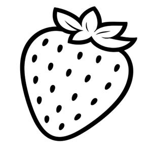 May include: A black and white illustration of a strawberry. The strawberry is outlined in black with a thick border. The strawberry has a rounded shape with a green leafy top and small black seeds.