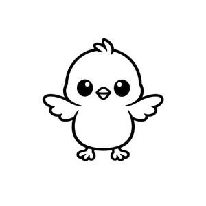 May include: A black and white cartoon illustration of a baby chick with large, round eyes and a small beak. The chick has small wings and feet, and is standing upright. The image is a simple, clean design, perfect for children's products.