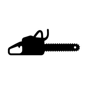 May include: A solid black silhouette of a chainsaw, featuring a distinct engine housing, a top handle, a rear handle with a trigger, and a long guide bar with a serrated chain edge. The design is rendered in a flat, high-contrast graphic style.
