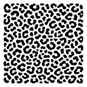 May include: A black and white leopard print pattern. The design features irregular black spots of varying sizes and shapes scattered across a white background. The pattern is a repeating design, suitable for fabric or surface decoration.