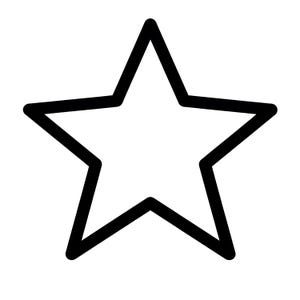 May include: A black outline of a five-pointed star on a white background. The star is a simple, graphic design element, with thick, solid lines defining its shape. The star is centered.