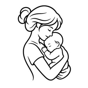 Peut inclure: Une illustration en noir et blanc au trait représentant une personne aux cheveux attachés en chignon, berçant doucement un petit nourrisson endormi contre sa poitrine. Le dessin utilise des contours nets et épais pour définir les silhouettes.