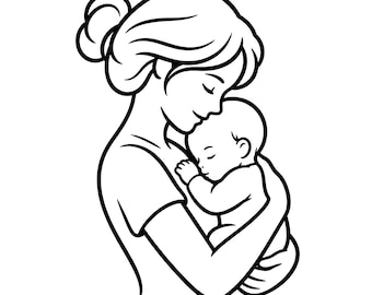 Mother and Baby SVG, Mom Holding Infant Line Art, Family Outline PNG