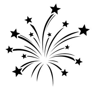 Peut inclure: Une illustration graphique noire représentant une explosion de feu d'artifice avec plusieurs étoiles à cinq branches reliées par des lignes courbes rayonnant depuis un point central, formant un motif dynamique sur fond blanc.