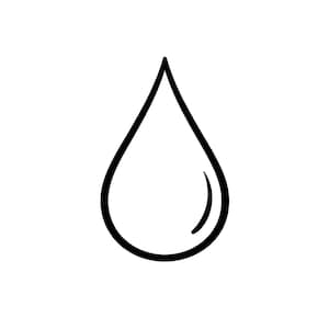 Puede incluir: Ilustración en blanco y negro de una gota de agua. La gota está delineada en negro, con un reflejo curvo en el lado derecho, sugiriendo una superficie brillante. El fondo es blanco liso.
