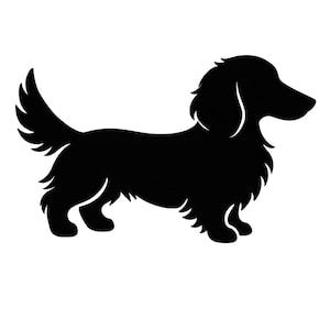 Puede incluir: Silueta negra de un perro salchicha de pelo largo, representado de perfil. El perro tiene un cuerpo largo, patas cortas y una cola esponjosa. La imagen es un diseño simple y limpio, ideal para los amantes de las mascotas.