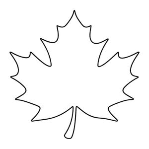 May include: A simple black and white line drawing of a maple leaf. The graphic features a single continuous black outline forming the distinct five-pointed shape of the leaf, set against a plain white background with no additional details or colours.