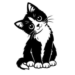 Könnte beinhalten: Schwarz-weiße Cartoon-Illustration einer Katze mit großen Augen und geneigtem Kopf. Die Katze hat eine weiße Brust und ein weißes Gesicht mit schwarzen Markierungen und sitzt aufrecht, wobei ihre Pfoten sichtbar sind.