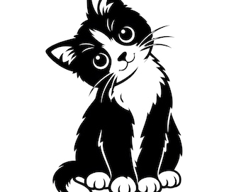 Cat SVG Cut File, Kitten Head Tilt, Black White Cat Silhouette, Cricut Laser