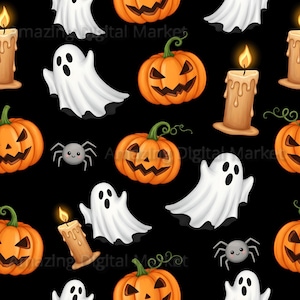 Halloween Seamless Repeat Pattern, 9 PNG, Spooky Black Backgrounds, Printable Digital Paper, Ghost, Pumpkins, Candles