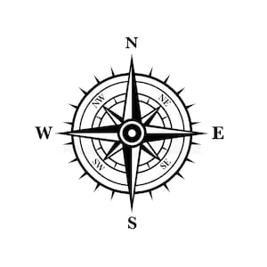 May include: Black and white compass rose design, featuring directional indicators for North, South, East, and West, along with intermediate points. The compass has a central circular design with a star-shaped element.