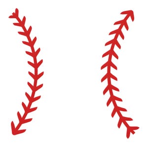 May include: A graphic illustration of a baseball with red stitching on a white background. The red stitching is curved and detailed, showing the seams of the ball. The image is clean and simple, perfect for sports-themed designs.
