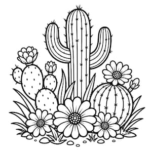 Puede incluir: Ilustración en blanco y negro de una escena desértica. Presenta un cactus alto con múltiples brazos, cactus más pequeños, flores y hierba. La imagen es un dibujo lineal detallado con sombreado.