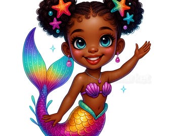 Cute Black Mermaid Clipart Bundle, Afro Mermaid Girl  12 PNG, Colorful Fantasy Art, Baby Mermaid Illustration, Instant Download for Kids