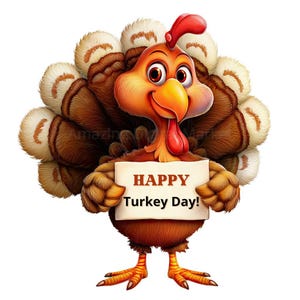 May include: A cartoon turkey with a red wattle, orange beak, and large eyes holds a sign that reads "HAPPY Turkey Day!". The turkey has brown and white feathers and is set against a white background. A festive image for Thanksgiving.