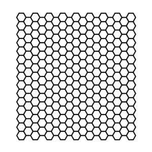 Puede incluir: Un patrón gráfico de forma cuadrada que consiste en una cuadrícula de panal negra repetida sobre un fondo blanco. El diseño presenta celdas hexagonales uniformes dispuestas en una formación densa y entrelazada que cubre toda la superficie.