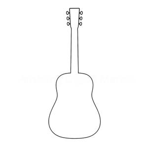 May include: A black outline of an acoustic guitar against a white background. The guitar features a headstock with tuning pegs, a long neck, and a rounded body. The design is simple and minimalist.