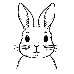 Puede incluir: Ilustración en blanco y negro de la cara de un conejo. El conejo tiene orejas grandes y erguidas, ojos redondos y largos bigotes. La imagen es un dibujo lineal simple y limpio, perfecto para diversas aplicaciones.
