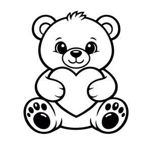 Puede incluir: Ilustración en blanco y negro de un oso de peluche sosteniendo un corazón. El oso tiene ojos grandes y redondos, orejas pequeñas y un mechón de pelo en la cabeza. El corazón está centrado en los brazos del oso, y el oso está sentado con sus patas visibles.
