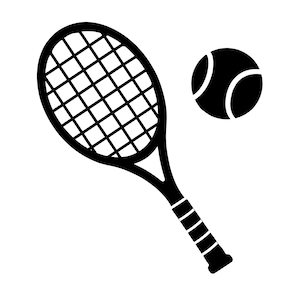 May include: A black silhouette graphic of a tennis racket with a grid-patterned head and a gripped handle, positioned next to a solid black tennis ball featuring a curved white line detail. The design is presented in a high-contrast style.