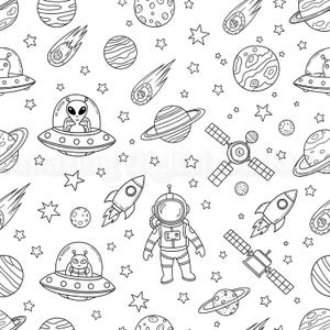 May include: Black and white line art pattern featuring space-themed elements. Includes planets, stars, rockets, satellites, UFOs, astronauts, and meteors. A whimsical design suitable for various applications.
