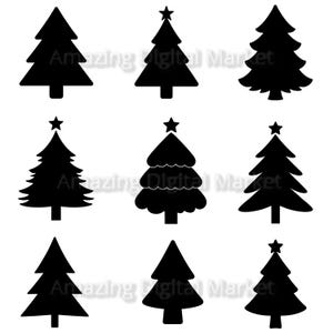 May include: Nine black Christmas tree silhouettes in various styles. Some trees have a star on top. The trees are solid black and set against a white background. The text "Amazing Digital Market" is partially visible.
