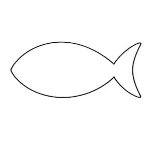 Könnte beinhalten: Eine einfache schwarz-weiße Umrisszeichnung eines Fisches. Der Fisch hat einen abgerundeten Körper und eine gebogene Schwanzflosse. Das Bild ist ein minimalistisches Design, geeignet für verschiedene Anwendungen.