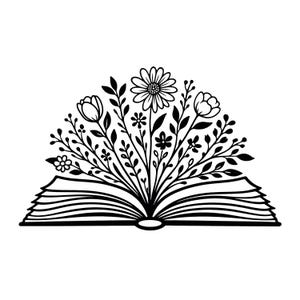 Op de afbeelding: Zwart-wit illustratie van een open boek met bloemmotieven. De pagina's van het boek zijn uitgespreid en een verscheidenheid aan bloemen en bladeren ontspringen uit het midden, waardoor een decoratief ontwerp ontstaat. De afbeelding is een eenvoudige, elegante lijntekening.