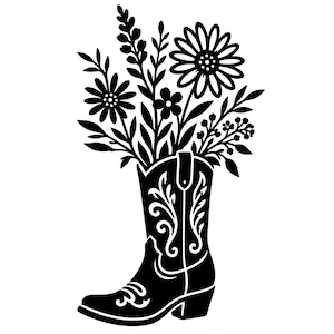 May include: Black and white illustration of a cowboy boot filled with flowers. The boot has decorative scrollwork and a heel. The flowers include daisies and other floral elements, creating a rustic and country-themed design.