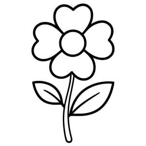 Può includere: Disegno a tratto nero e bianco di un fiore. Il fiore ha quattro petali a forma di cuore, un centro circolare, uno stelo e due foglie. È un'illustrazione grafica semplice.